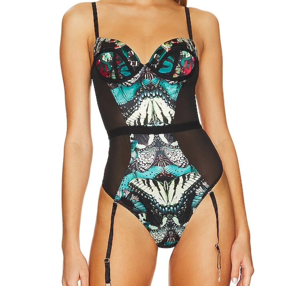 Thistle and Spire Menagerie butterfly Monarch Tourmaline bodysuit garters NWT XS